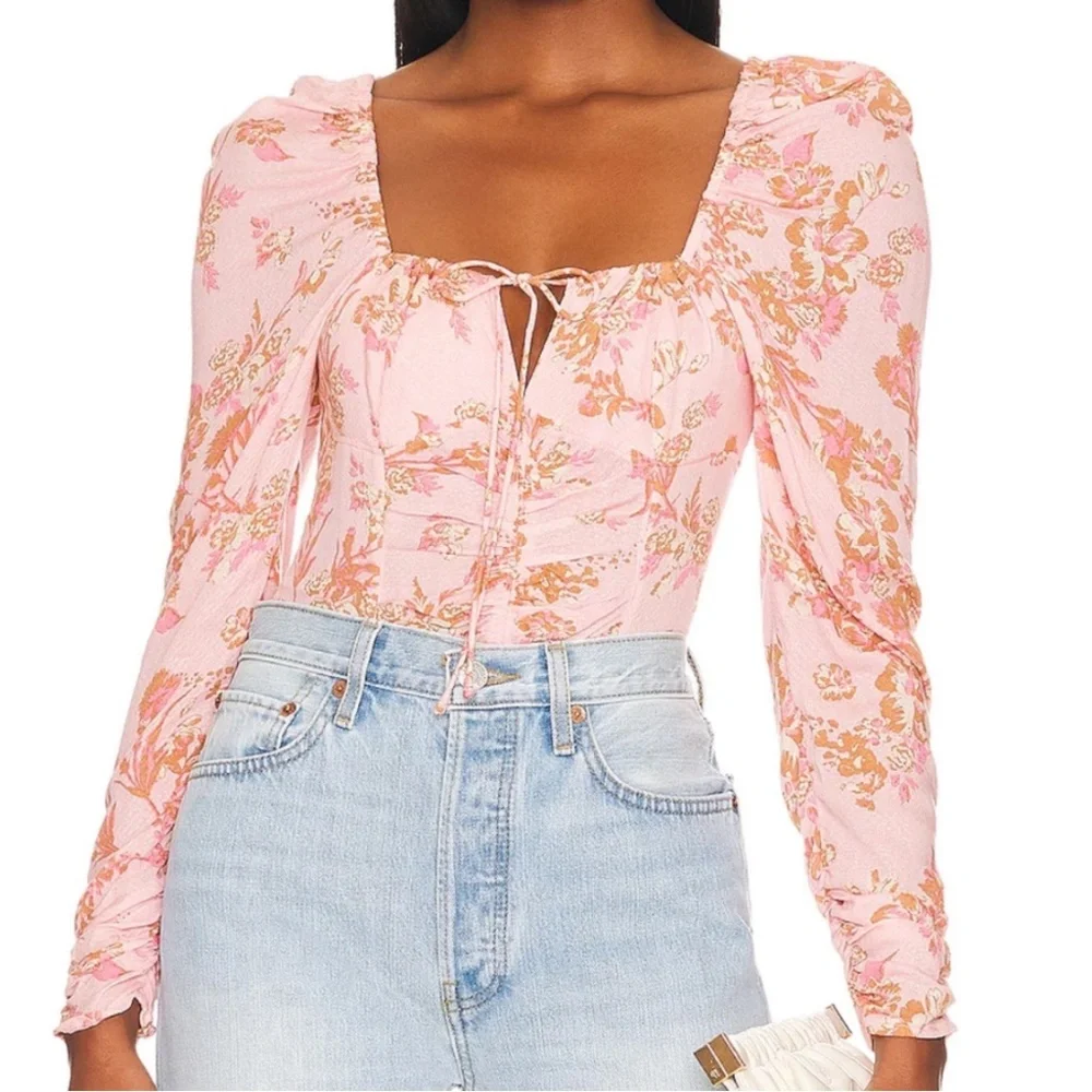 Free People Dusty Pink Floral Ruched Square-Neck Puff Sleeve Crop Top